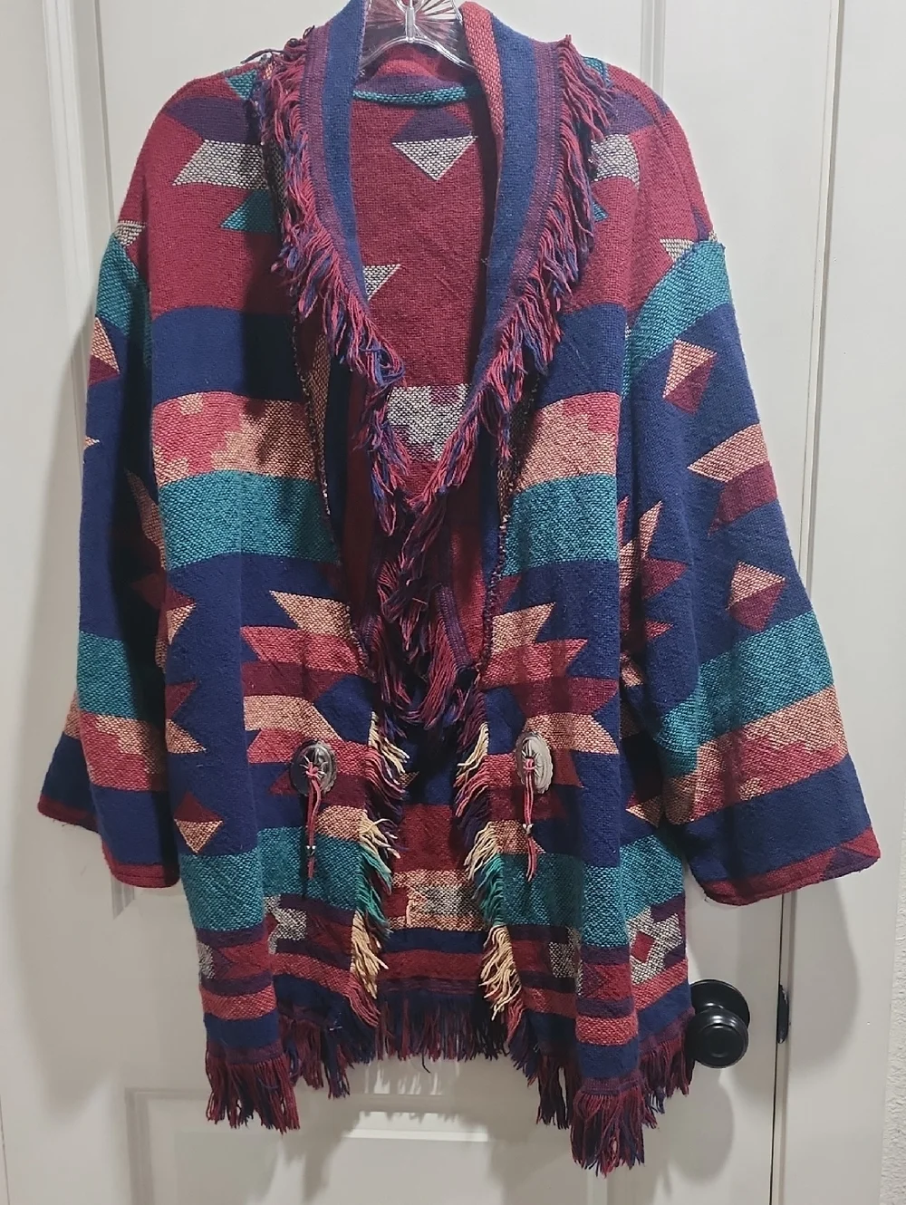 Vintage Southwestern Fringe Blanket Jacket – Aztec Tribal Boho Western Coat OS